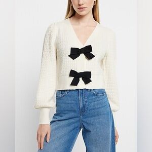 NWT Express Cropped V-Neck Bow Cardigan in Cream & Black with Voluminous Sleeves